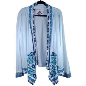 Johnny Was JW LosAngeles Embroidered Cardigan XL Pale Blue Floral Waterfall Boho